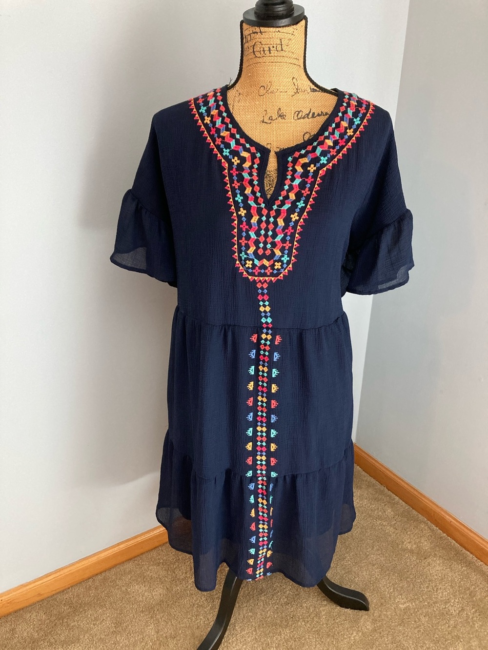 André by Unit Navy Midi Dress with Colorful Embroidery Women Size 1X